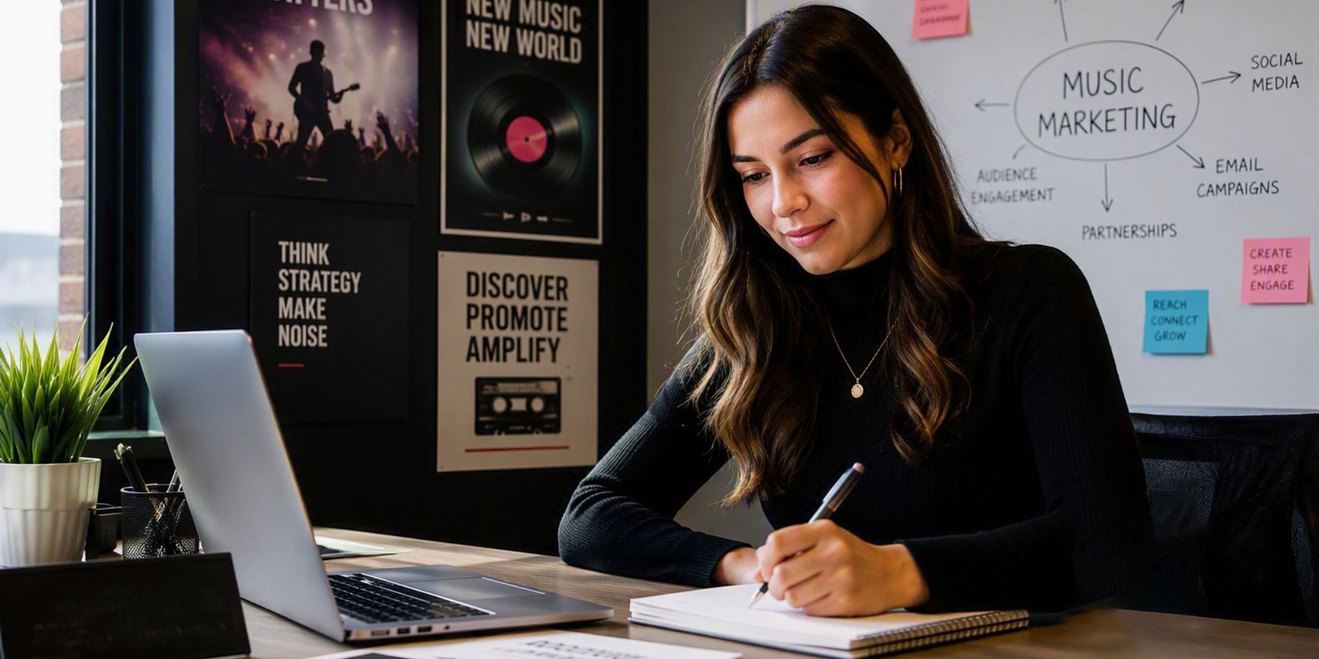Image of a young woman sitting at a desk writing a plan with her laptop open